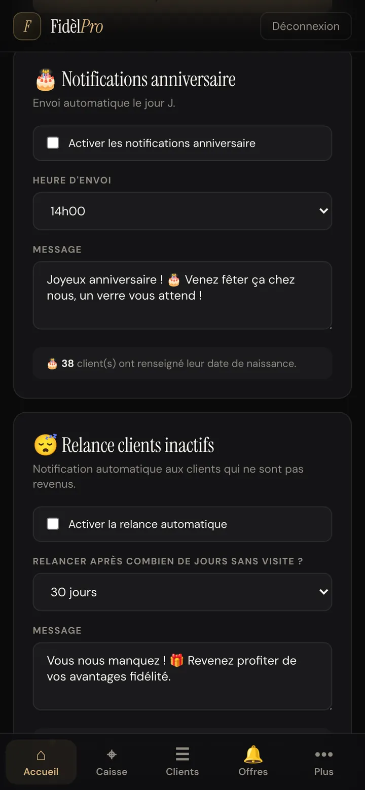 Réglage des notifications d'anniversaire : heure d'envoi 14h et message « Joyeux anniversaire ! Venez fêter ça chez nous »