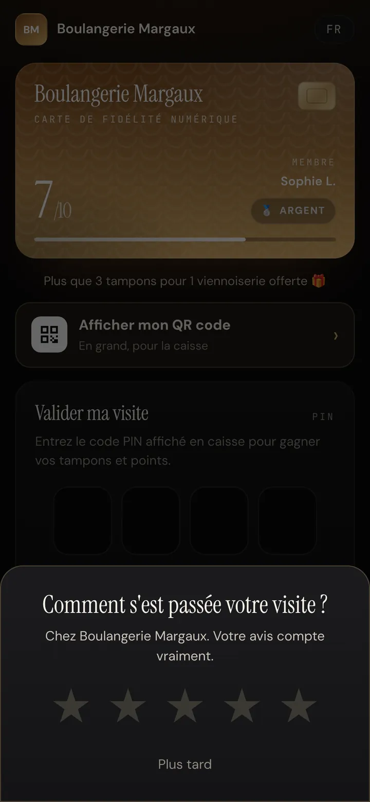 Fenêtre « Comment s'est passée votre visite ? » avec 5 étoiles sur la carte client
