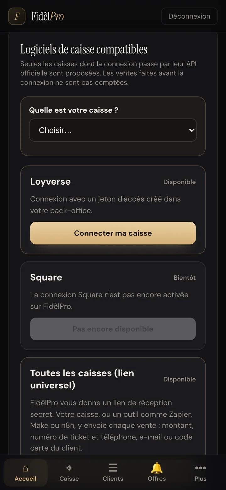 Écran « Logiciels de caisse compatibles » : Loyverse disponible, Square bientôt, lien universel pour toutes les caisses