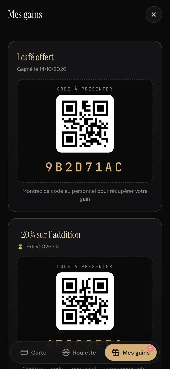 Onglet « Mes gains » de la carte client : un café offert et -20 % sur l'addition, chacun avec un QR code à présenter