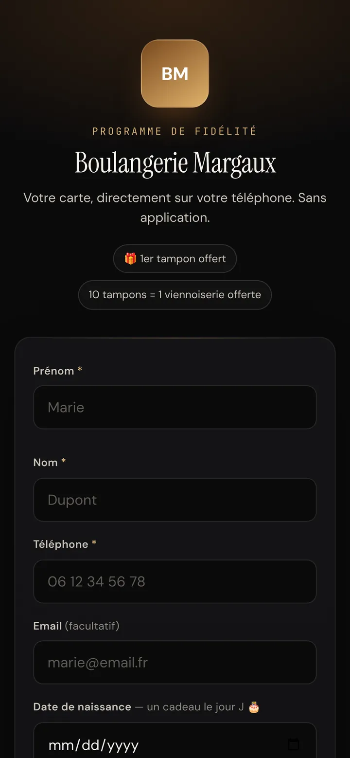 Page d'inscription au programme de fidélité de la Boulangerie Margaux : prénom, nom, téléphone, date de naissance