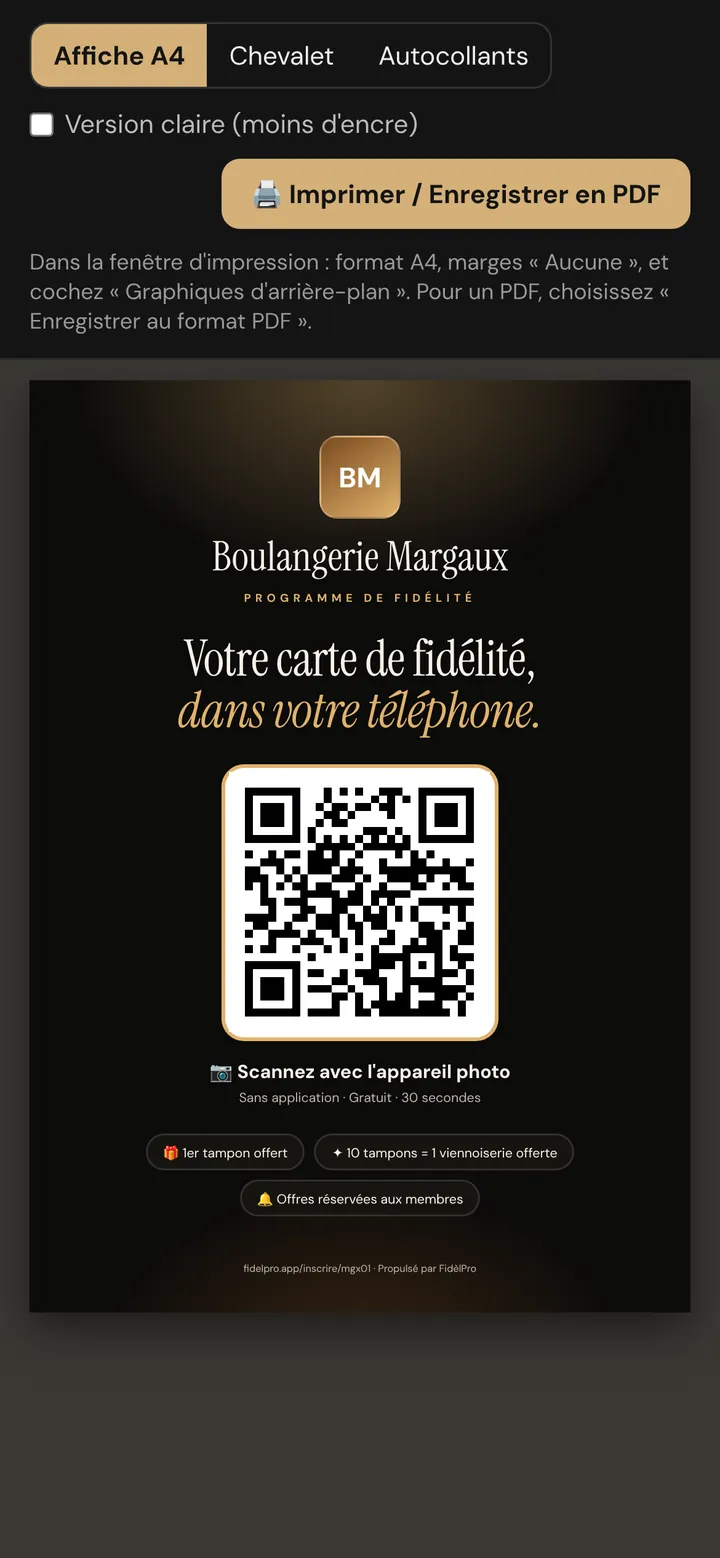 Affiche A4 « Votre carte de fidélité, dans votre téléphone » aux couleurs de la Boulangerie Margaux, avec le QR code d'inscription
