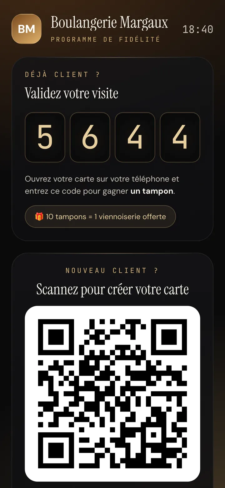 Mode comptoir affiché sur une tablette : code PIN du jour 5644 et QR code d'inscription pour les nouveaux clients