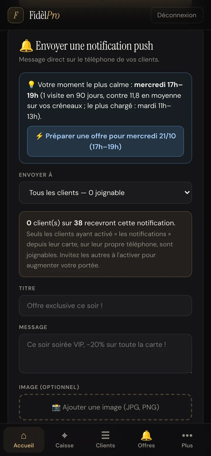 Formulaire d'envoi de notification avec la suggestion « Votre moment le plus calme : mercredi 17h-19h » et le bouton pour préparer une offre