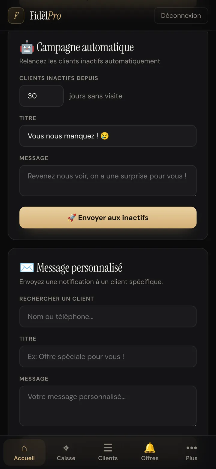 Réglage de la campagne automatique : relancer les clients inactifs depuis 30 jours avec le message « Vous nous manquez »